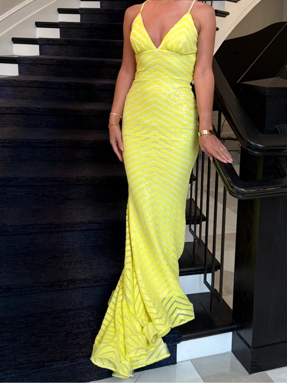 Neon Yellow Sequin Maxi Dress with Spaghetti Straps